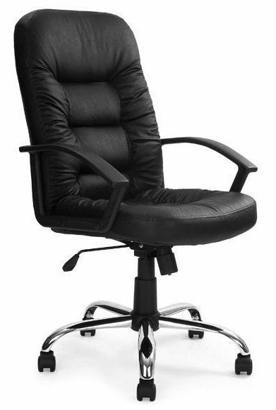 High Back Leather Faced Executive Armchair with Ruched Panel Detailing and Chrome Swivel Base - Black