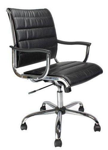 Medium Back Leather Effect Designer Armchair with Chrome arms and Base - Black