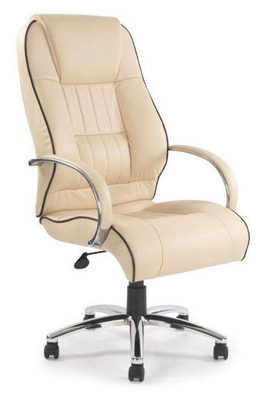 High Back Leather Faced Executive Armchair with Contrasting Piping and Chrome Base - Cream