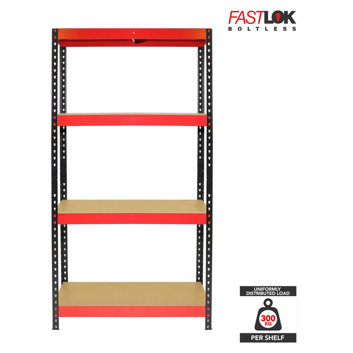 1800x900x400mm 300kg UDL 4x Tier Freestanding FastLok RB Boss Unit with Red & Black Powdercoated Steel Frame & MDF Shelves