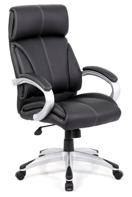 High Back Leather Faced Manager Chair with Satin Silver Finish to Armrests and Base - Black