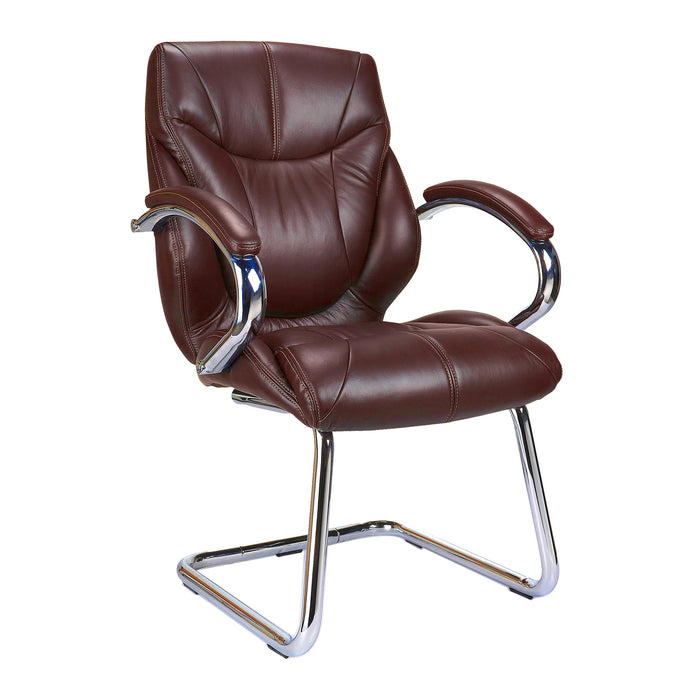 High Back Luxurious Leather Faced Executive Visitor Armchair with Integral headrest and Chrome Base - Brown
