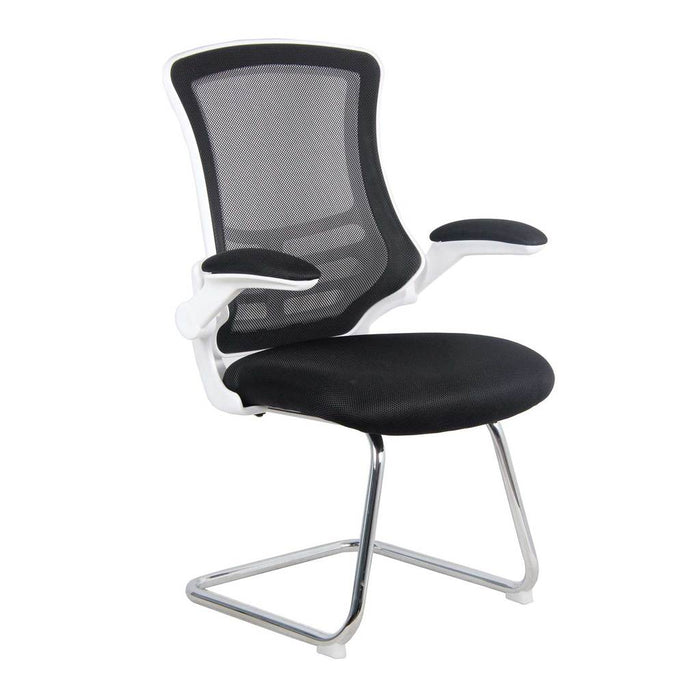 Designer Medium Back Mesh Cantilever Chair with White Shell, Chrome Frame and Folding Arms - Black
