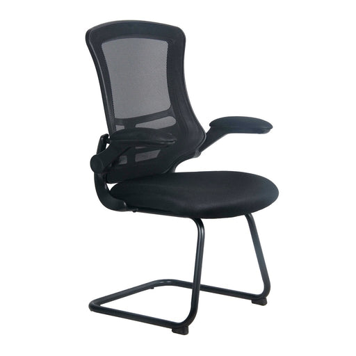 Designer Medium Back Mesh Cantilever Chair with Black Shell, Black Frame and Folding Arms - Red