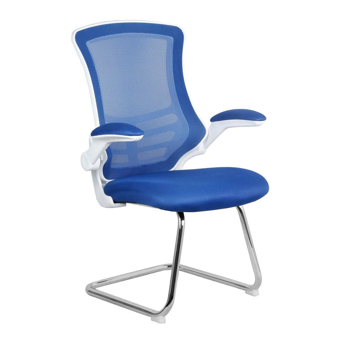 Designer Medium Back Mesh Cantilever Chair with White Shell, Chrome Frame and Folding Arms - Blue