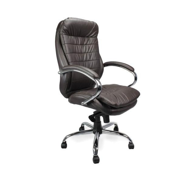 High Back Italian Leather Faced Synchronous Executive Armchair with Integral Headrest and Chrome Base - Brown