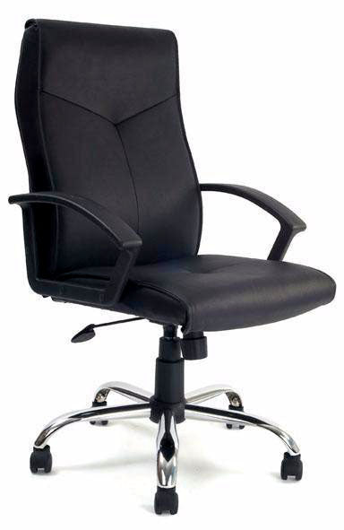 High Back Leather Faced Executive Armchair with Integral Headrest and Chrome Base - Black
